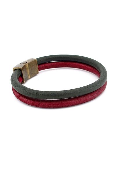 Solfera Burgundy Khaki Green Real Leather Metal Magnet Bracelet M016f