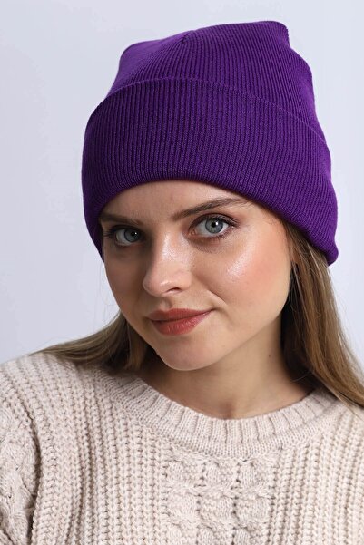 CosmoOutlet Solid Color Basic Folded Women's Purple Beanie