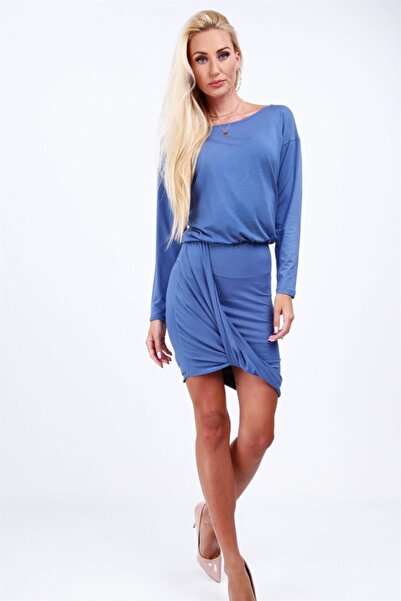 fasardi Bisiklet Yaka Asimetrik Midi Elbise