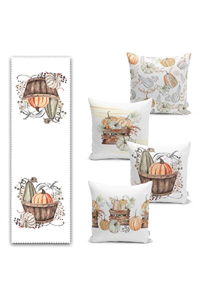 Realhomes Sonbahar Temalı Kabak Motifli 4 Kırlent Kılıfı Ve Runner Seti
