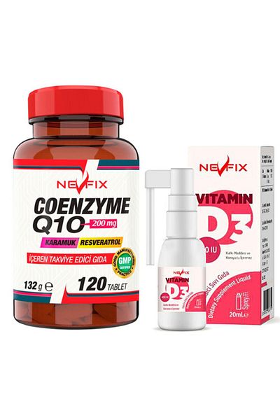 Nevfix Coenzyme Q10 and Vitamin D3 - 200 Mg Cotton 120 Tablets and 20 ml Liquid