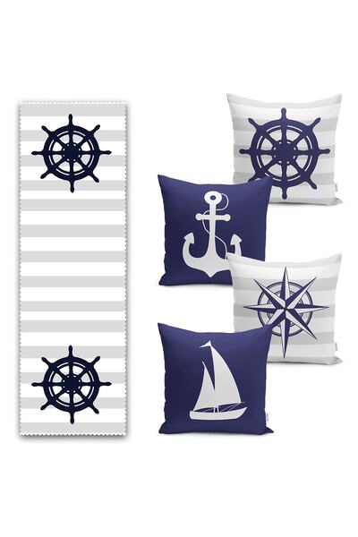 Realhomes Lacivert & Gri Denizçi Temalı Özel Tasarım 4 Kırlent Kılıfı Ve 1 Ru...