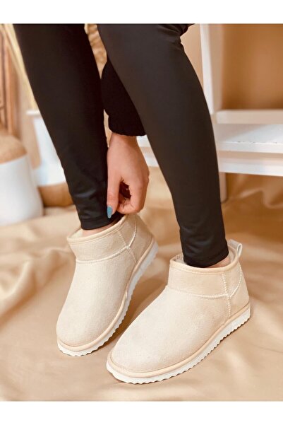 POLENS Kadın Ultra Mini Bej Içi Yünlü Kürklü Bot Ayakkabı