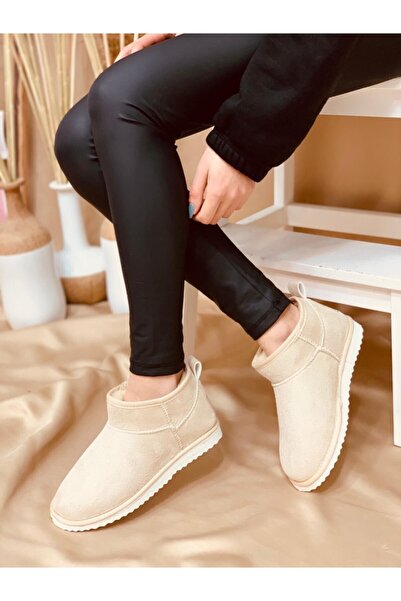 POLENS Kadın Ultra Mini Bej Içi Yünlü Kürklü Bot Ayakkabı