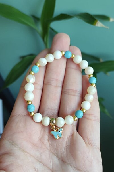 Natural Jewelleryy سوار بناتي من الحجر الطبيعي باللونين اللؤلؤي والفيروزي على...