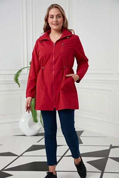 RMG Beli Tünelli Büyük Beden Kırmızı Trençkot