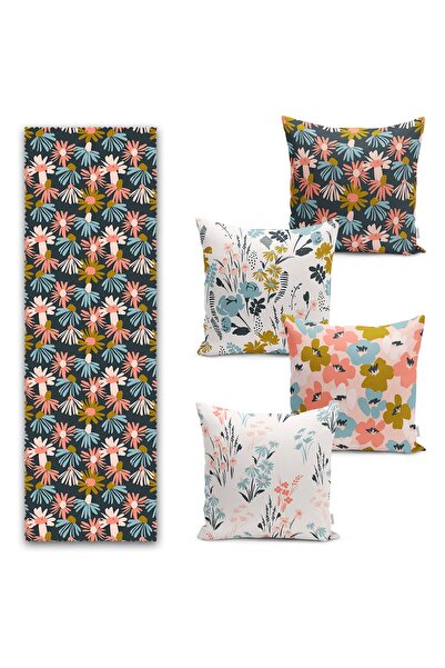 Realhomes Renkli Çiçek Tasarımlı 4 Kırlent Kılıfı Ve 1 Runner Seti