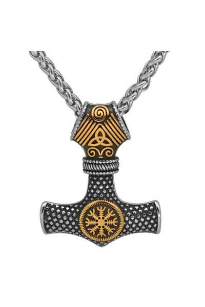 Viking Thor Mjolnir Vegvisir & Triquetra Embroidered Nordic Hammer & Braid Chain Men's Steel Necklace