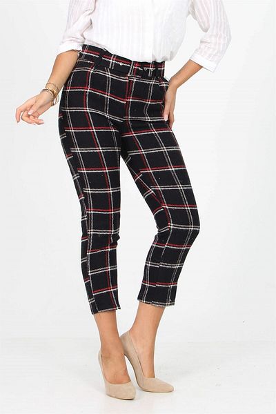 Neşeli Butik Women's Belted Plaid Patterned Eyebrow Pants Qns010