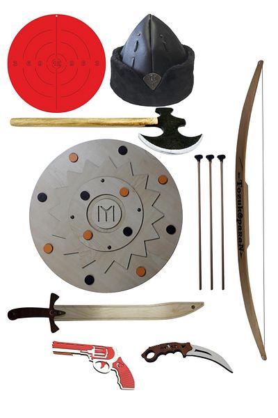 Ahtek Ottoman State Embroidered Children's Börk and Wooden Toy Sword Shield Set 8 Pieces