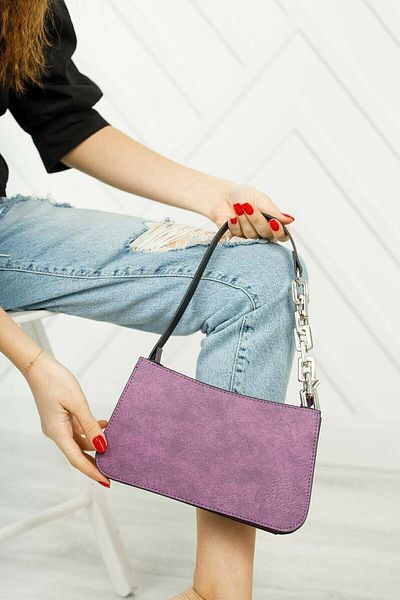 Restbag Women's Lilac Nubuck Chain Strap Baguette Hand and Shoulder Bag