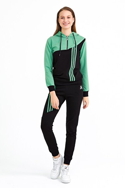 MargoSeel Mint Yeşili Kadın Eşofman Takımı Şerit Detaylı Yarım Fermuarlı