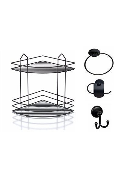Sas Haus Набір аксесуарів для ванної кімнати, 3 предмети, чорний, нержавіюча кутова полиця для душу, шайба для шампуню, чорна, додаток-02