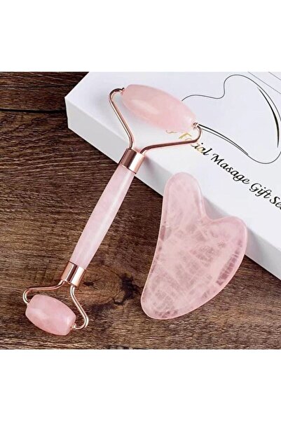 3dproductsale Pembe Kuvars Gua Sha Taşı Masaj Aleti Ve Face Roller 2'li Set 1...
