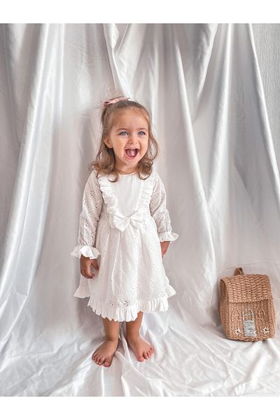 Magu Girl's White Natural Scallop Dress