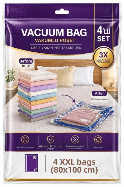 SHARI Vacuum Storage Bag Set of 4 – Vacuum Bag Set XXL (80*100) – Space-Savin...
