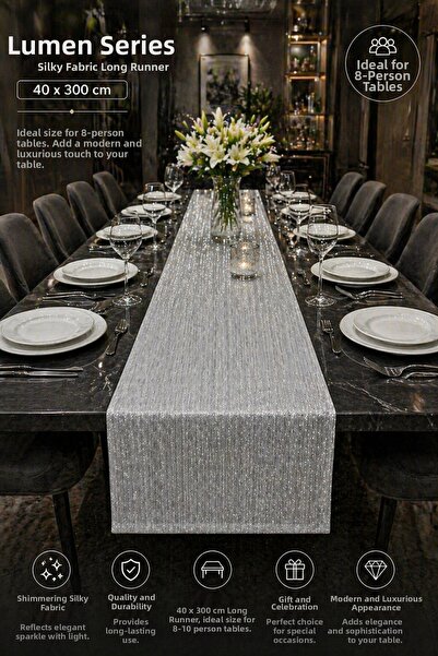 Morlay Σειρά LUMEN |   Ασημί 40x300 εκ. Ασημί Υφαντό Μακρύ Τραπεζομάντιλο Μον...
