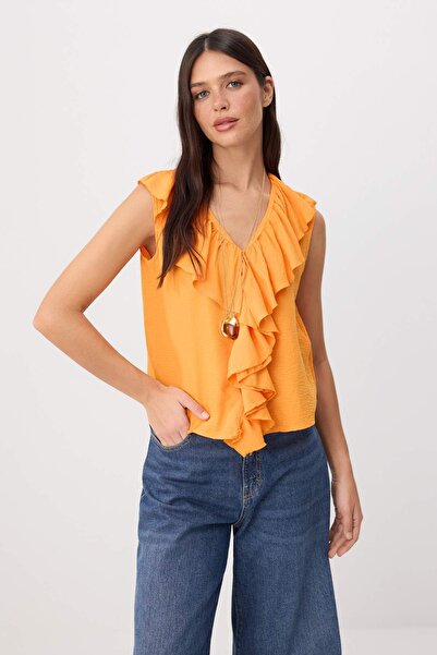 Συλλογή Trendyol Πορτοκαλί υφαντή μπλούζα με λεπτομέρεια βολάν TWOSS26BZ00767