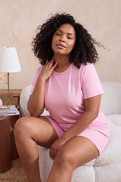 Trendyol Curve Σετ Πιτζάμες Πλεκτό Μεγάλο Μέγεθος με Μαλακά Ροζ Κουμπιά TBBSS...