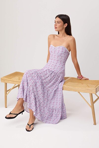 Συλλογή Trendyol Πολύχρωμο φλοράλ φόρεμα με λεπτομέρεια κορδέλας μίντι Υφαντό...