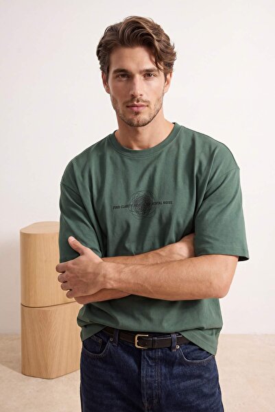 Trendyol Collection Tricou verde oversize/cu croială largă, imprimat, 100% bu...