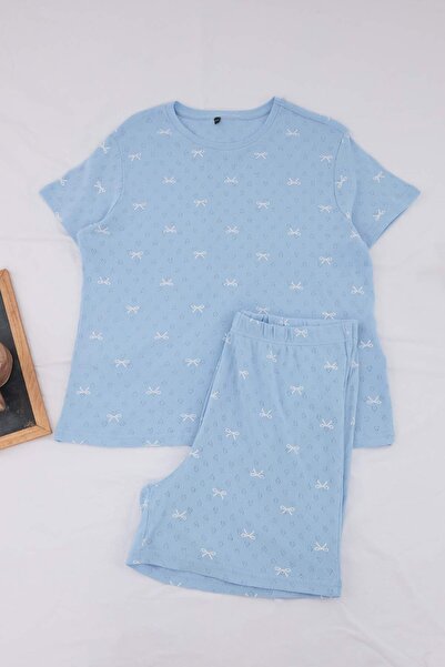 Trendyol Curve Σετ πιτζάμες με μπλε κορδέλα και σχέδιο πόιντελ, πλεκτό, μεγάλ...