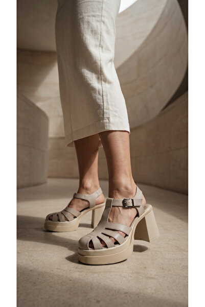 inizio Γυναικεία Σανδάλια Μπεζ Χοντρό Τακούνι P9012