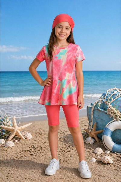 Bilge Trend Σετ μαγιό Hijab 3 τεμαχίων Tie-Dye Print για κορίτσι - Τοπ, Μπόνε...