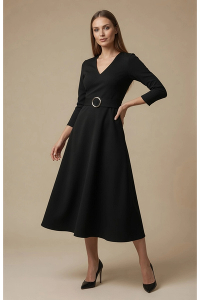 AZRA BUTİK Rochie din tricot cu centură inel - Negru