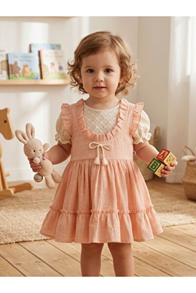 Cherrys Bebek Fiyonklu Keten Bebek Elbise