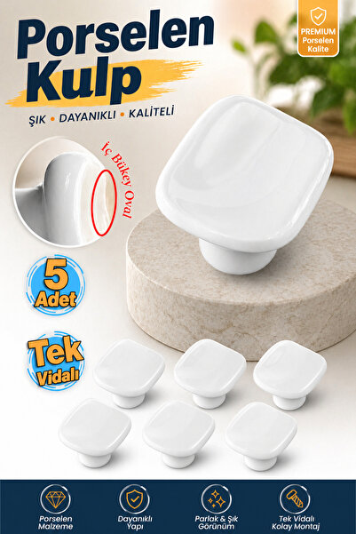 Badem10 (5 Adet) Nora Porselen Yuvarlak Beyaz Renk Kulp Mobilya Gardrop Dolab...