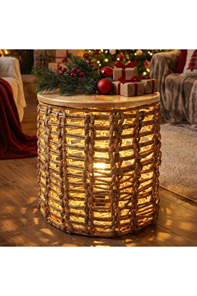 Mylamp EDİS Aydınlatmalı ve Kapaklı Doğal Abaka Dekorasyon Sepeti ve Sehpa 40...