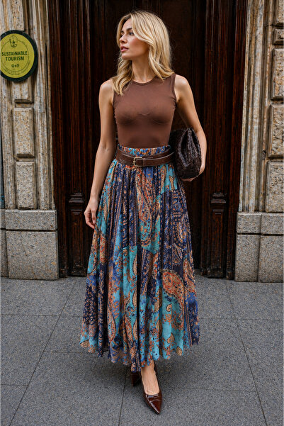 İLKCET MODA Σιφόν έθνικ μπλε μοτίβο με ζώνη μακριά γυναικεία φούστα