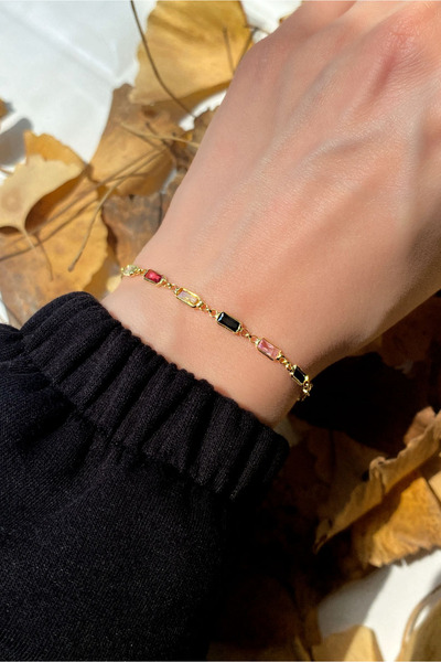 Spossy Silver Jewelry 925 Ayar Gümüş, 14 Ayar Gold, Renkli Dikdörtgen Taşlı B...