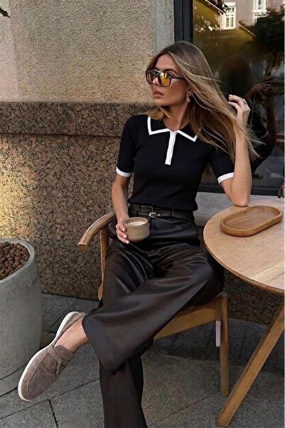 De Pose Μαύρο κοντομάνικο Premium γυναικείο μπλουζάκι με φερμουάρ με λαιμόκοψη