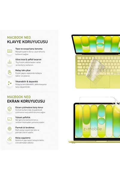 ZMOBILE Macbook Neo 13 inç A3404 Uyumlu Kapak, Ekran ve Klavye Koruyucu Set Şeffaf Parlak Tam Koruma Kılıf 3'lü Set