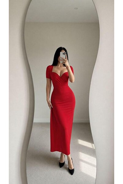 Modafeminen διπλό πέτο Φόρεμα με λαιμόκοψη άνοιγμα Midi Scuba 582880 Κόκκινο