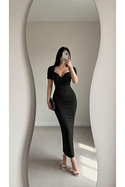 Modafeminen διπλό πέτο Φόρεμα με λαιμόκοψη άνοιγμα Midi Scuba 582880 Μαύρο