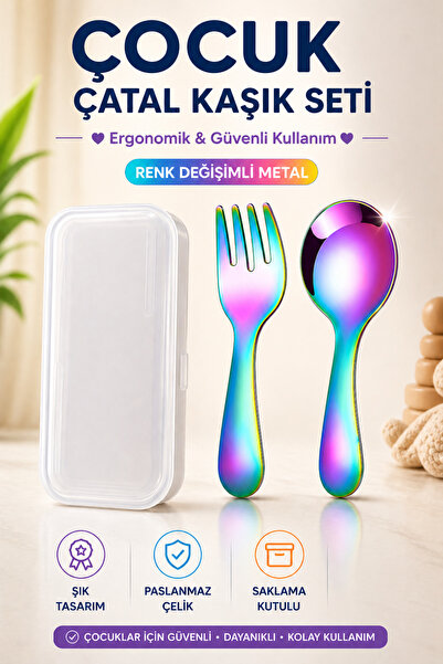 jojobebek Mavi Renk Premium Çocuk Paslanmaz Çelik Uçlu Çatal-Kaşık Set 24+ Ay