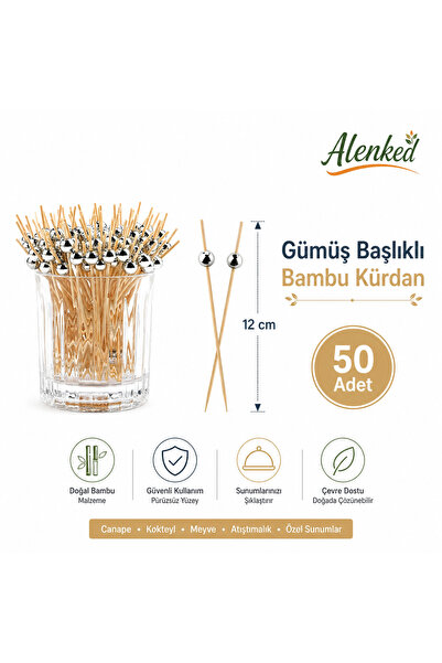 alenked 50'li Gümüş Başlıklı 12 cm Bambu Kürdan Seti-Kokteyl ,Tatlı ve Davet ...