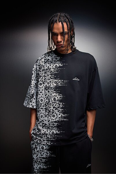 Slatra تيشيرت رجالي أسود اللون من Side Effect مقاس كبير