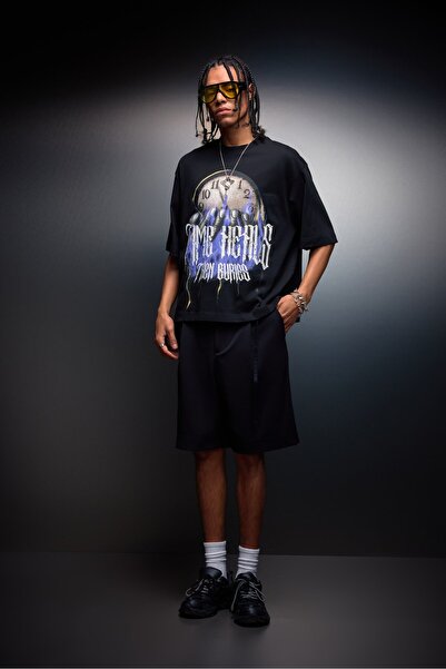 Slatra Ανδρικό μπλουζάκι με στάμπα Time Heals σε μαύρο χρώμα