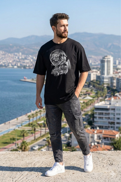 Justime Design Cat Linear Front Print Oversize Cotton Crew Neck Unisex T-Shirt