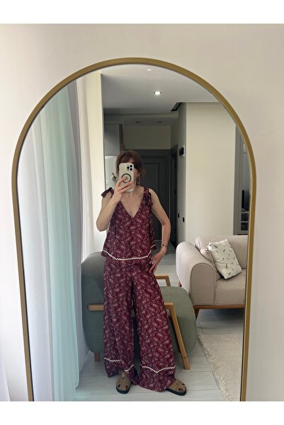 Butik Filiz Bordo Şal Desenli Askılı Bluz Pantolon Takım (%78 Pamuk)