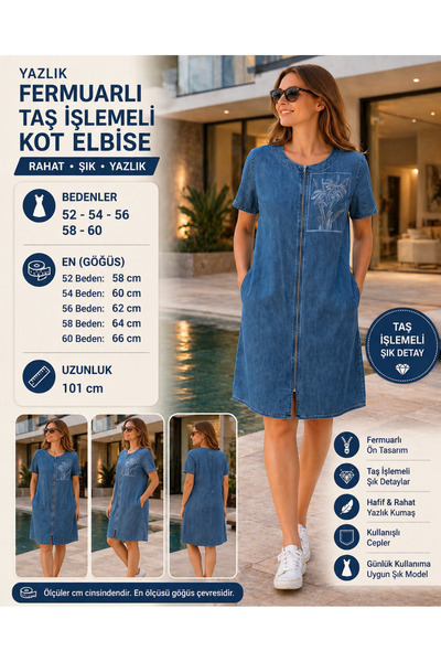 STYLENEST Büyük Beden Kadın Kot Elbise 52-60 Beden Yazlık Salaş Denim Elbise ...