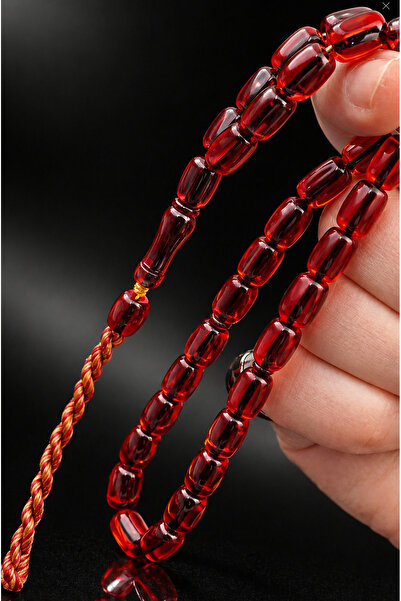Cemhan Göksal Ateş Kehribar Tesbih Kırmızı Şeffaf 8x12 mm Kapsül Kesim Osmanl...