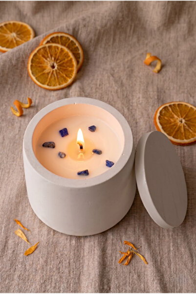 Kapaklı Bardak Beyaz Beton Saksılı Mum 230 ml | Portakal | Soya Wax + Balmumu | Beyaz