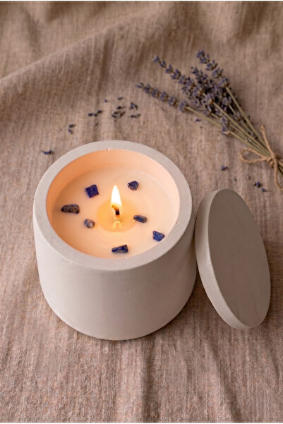 Kapaklı Bardak Beyaz Beton Saksılı Mum 230 ml | Lavanta Uçucu Yağ | Soya Wax + Balmumu | Beyaz