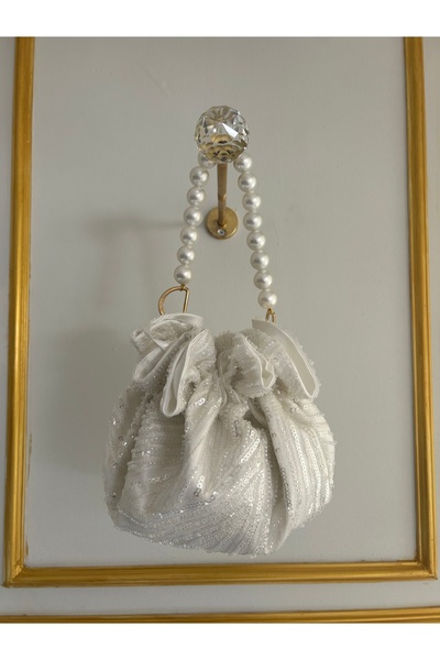Bridal Luxe Ivory White Lace Bridal Bag with Stones and Sequins