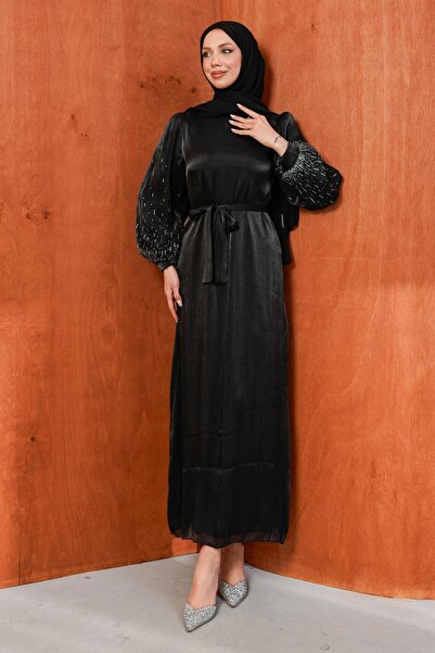 İmajButik Black Balloon Sleeve Stone Evening Dress